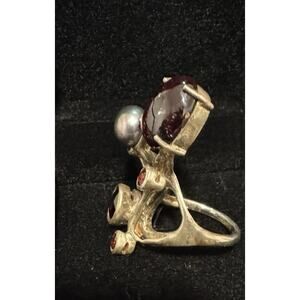 Size 8.5 Silver Ring, Plated In Gold, Garnets And Tahitian Pearl Settings